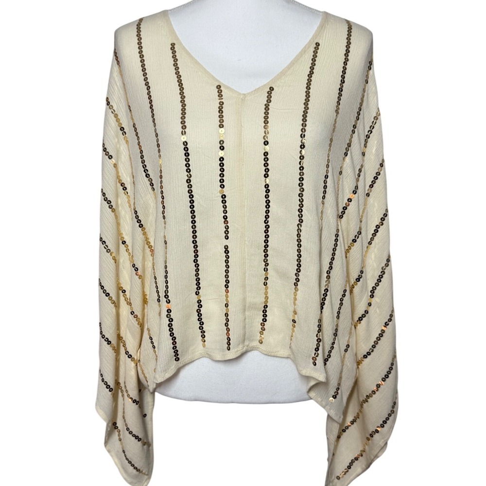 By Together Sequin Poncho Top L Cream Gold Excellent Boho Draped V-Neck L3268